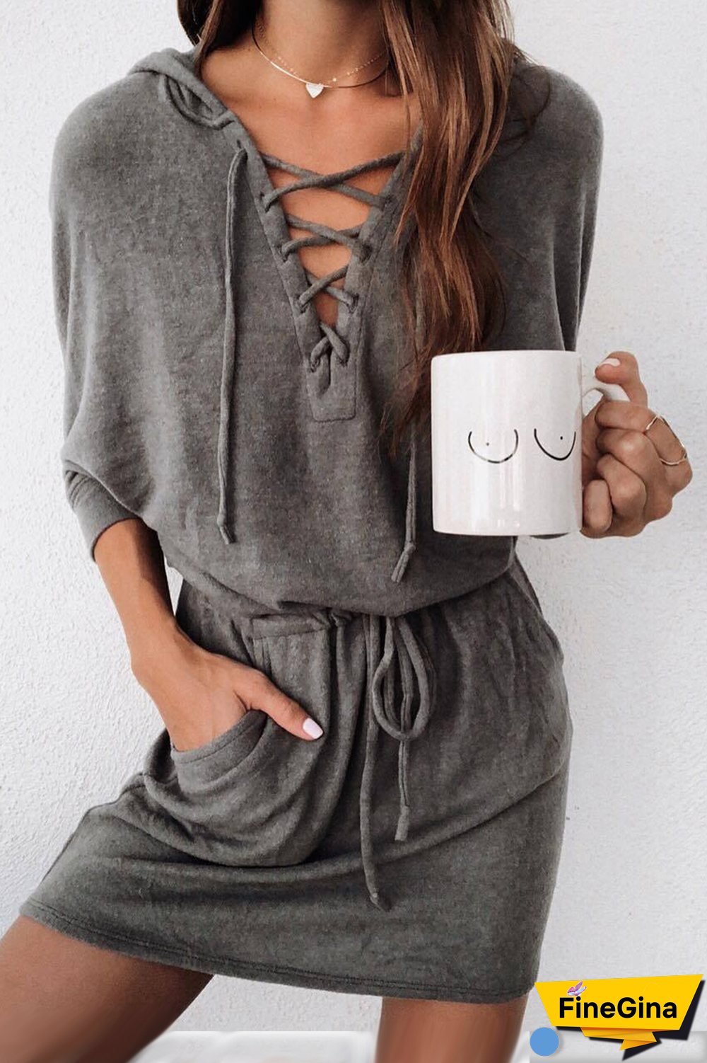Strapped Drawstring Waist Pockets Hoodie Dress