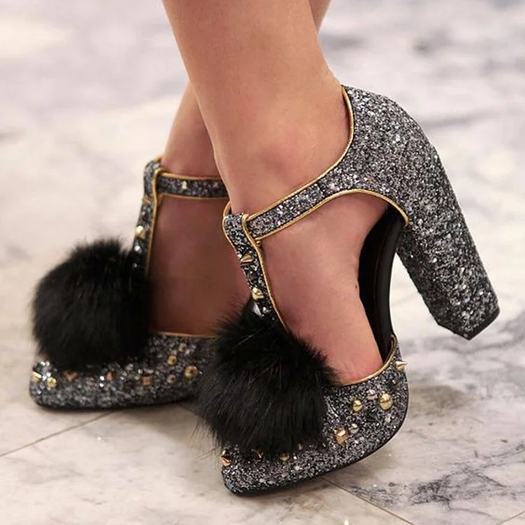 Grey T-strap Studs Pumps Furry Glitter Shoes Chunky Heels Vdcoo