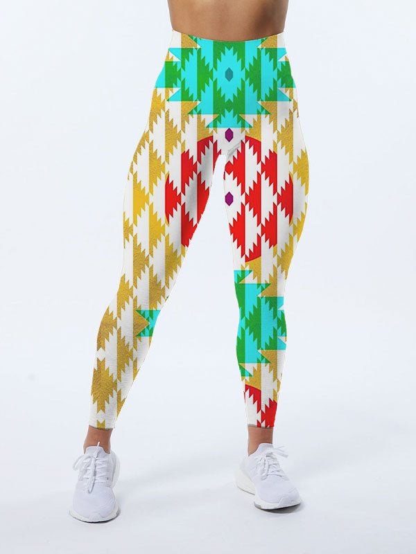 Green and Red Diamond Pattern In Gold Leggings