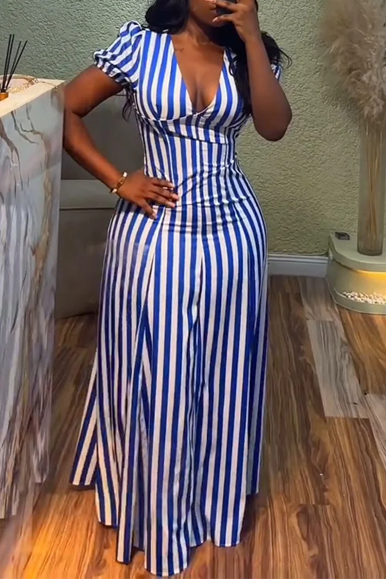 Plus Size Vacation Blue Elegant Striped V Neck Puff Sleeve Short Sleeve Maxi Dresses [Pre-Order]