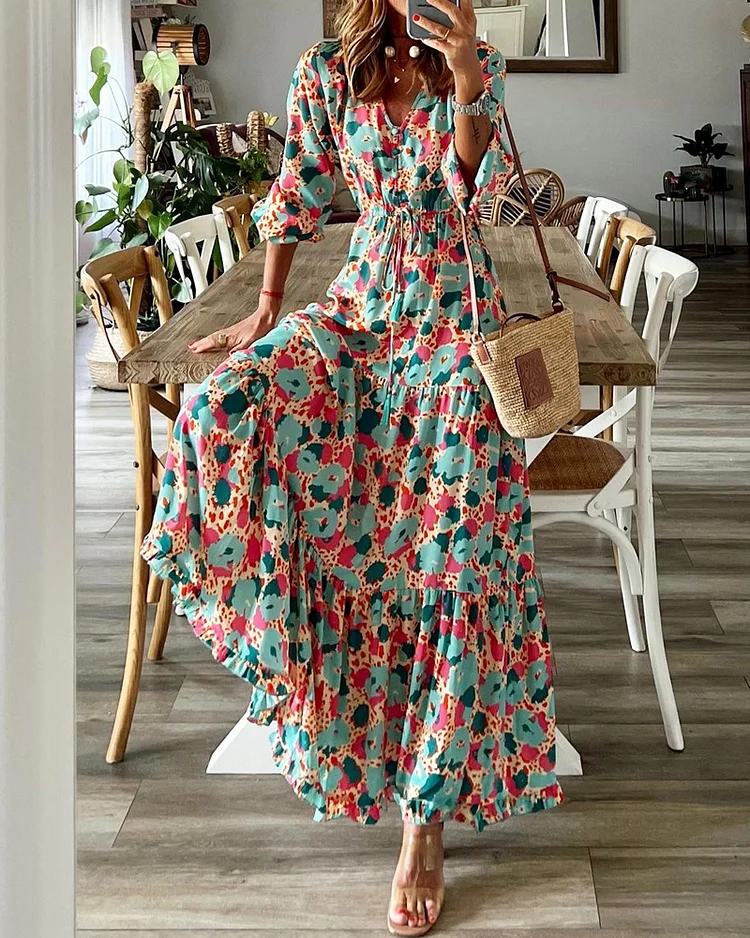 Casual V-Neck Printed Maxi Dress