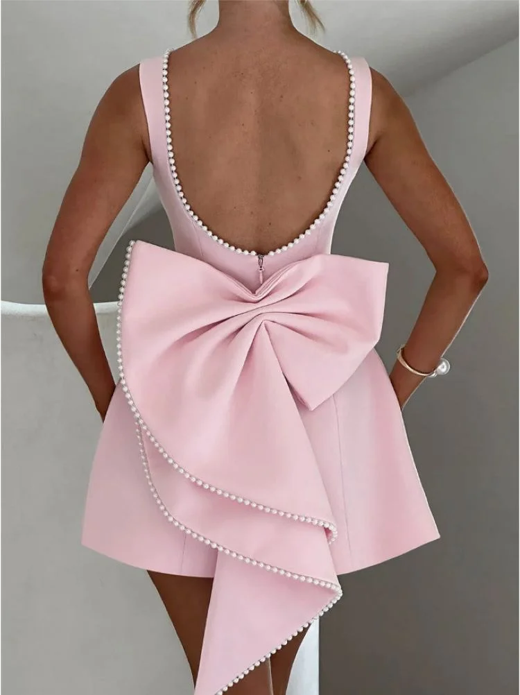 Women's Elegant Pearl Bow Backless Sleeveless Party Cute Mini Dresses 