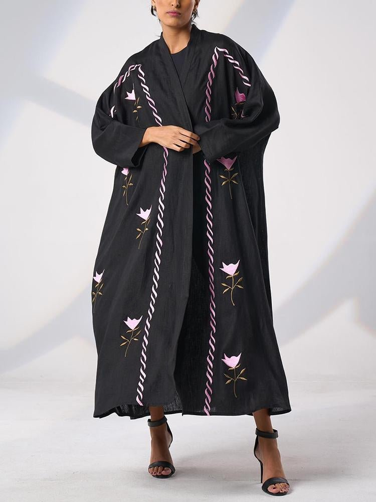 Pink flower printed black cardigan abaya [PRE-ORDER]