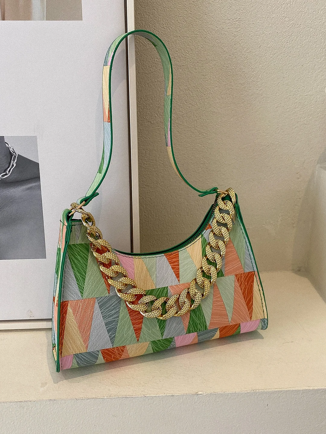 Geometric Pattern Chain Decor Baguette Bag