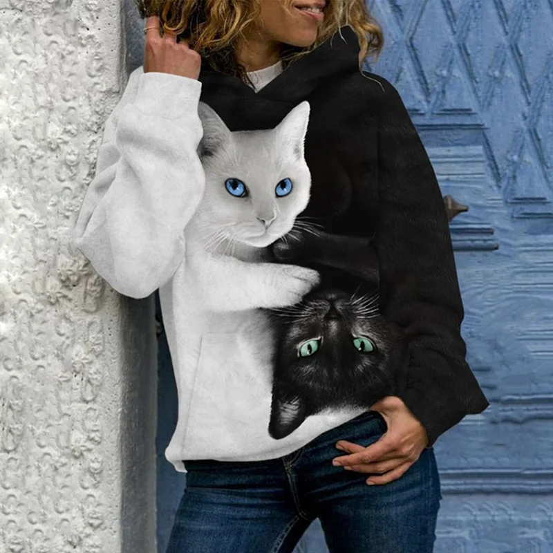 Black And White Cat Print Long Sleeve Hoodie