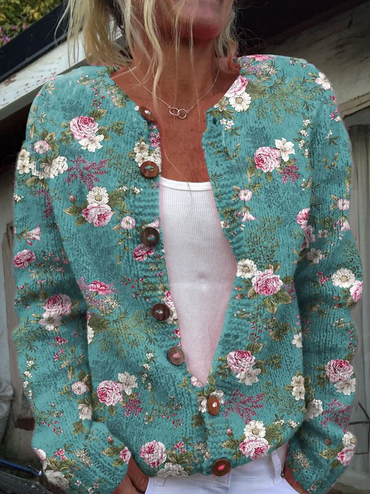 Women's Vintage Lovely Floral Art Print Buttoned Cardigan Sweater