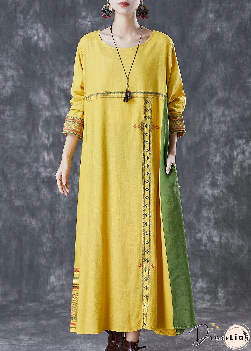 Modern Yellow Embroideried Patchwork Linen Maxi Dresses Spring