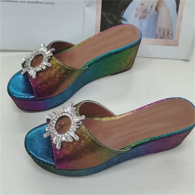 VCSHOES Crystal Sunflower Buckle Decor Women Sandals High Platform Wedges Slingbacks Outwear Mules