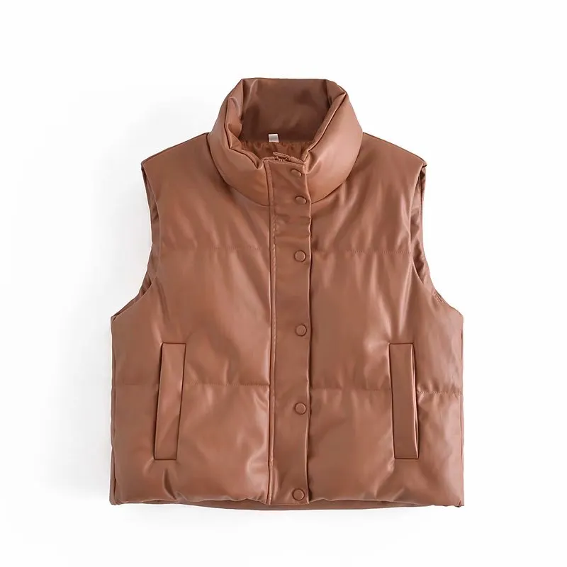 TRAF  Women 2021 Fashion Leather Cotton Cropped Padded Waistcoat Vintage Sleeveless Female Outerwear  Streetwear