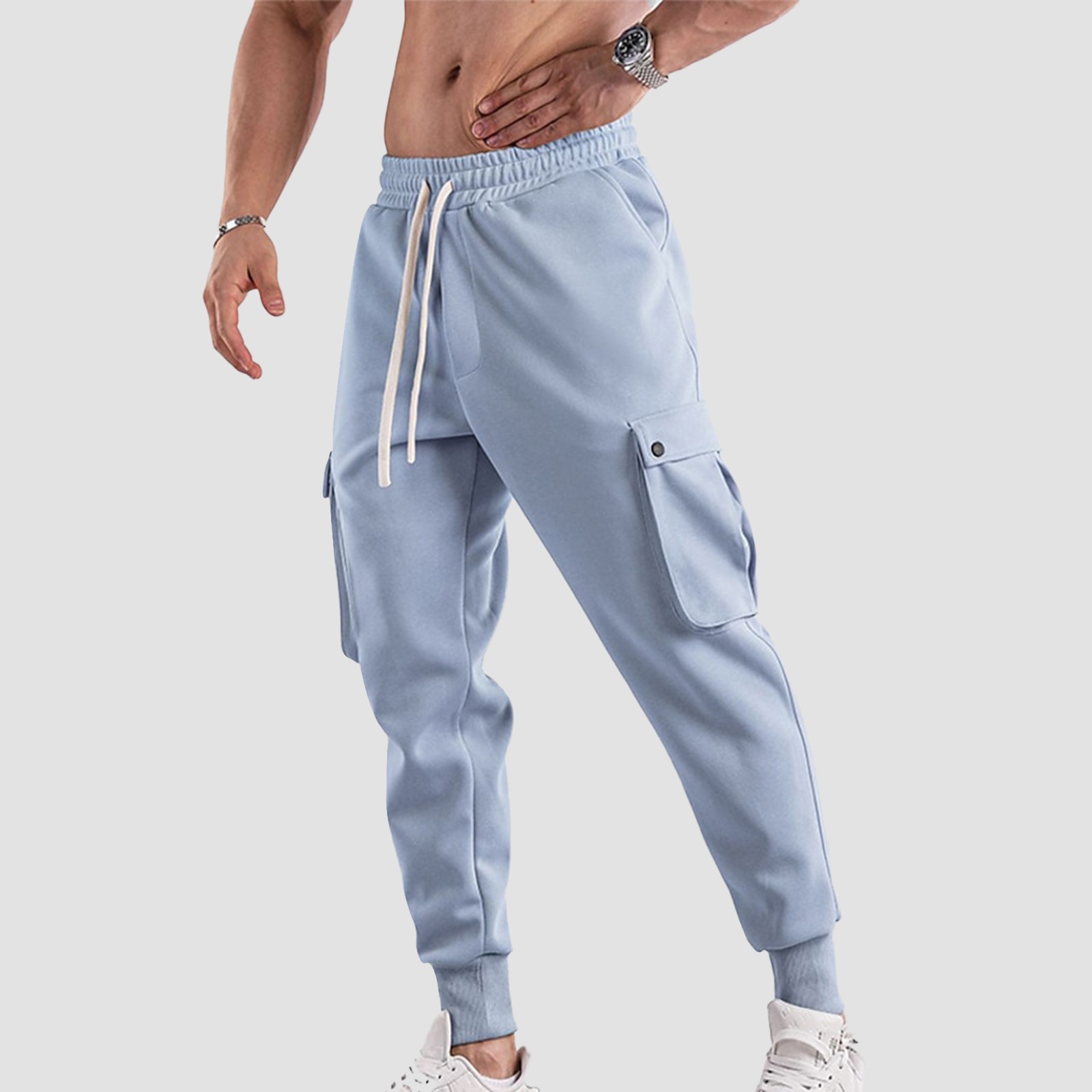 Edubridgesmart Soild Cargo Men'S Sweatpants Multi Pocket Daily Outdoor Running Training Sport Trous Male Elastic Rise Casual Pants Tether