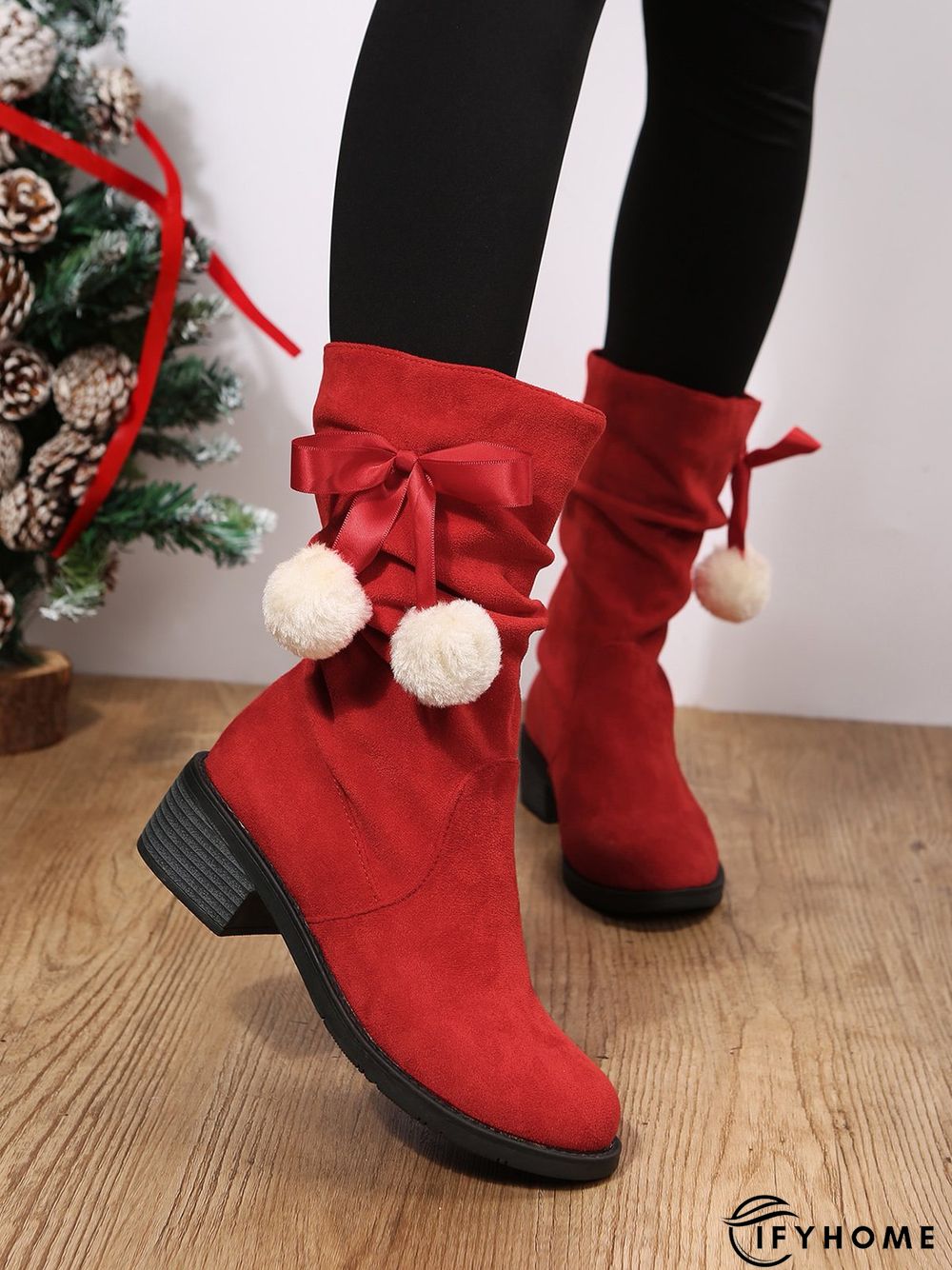 Christmas Pompom Decor Faux Suede Slouchy Boots | IFYHOME