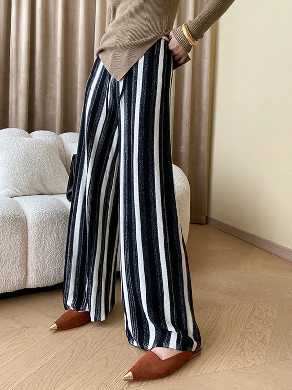Contrast Color Drawstring Striped High Waisted Wide Leg Trousers Pants