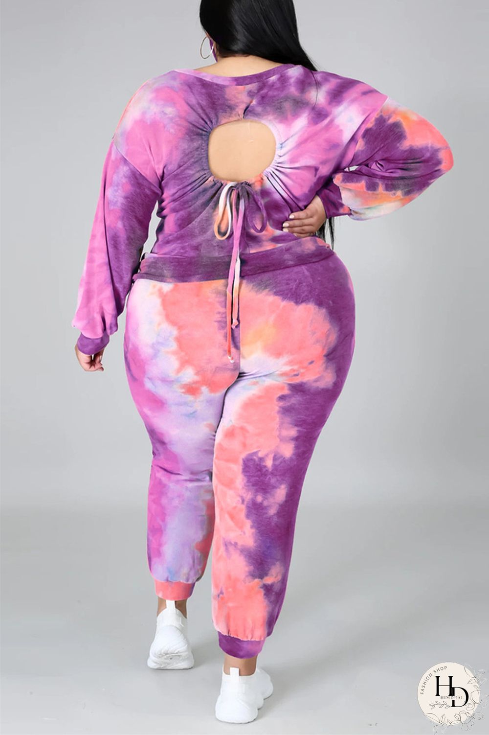 Dark Blue Fashion Casual Print Tie Dye Tie-dye Backless O Neck Plus Size Set