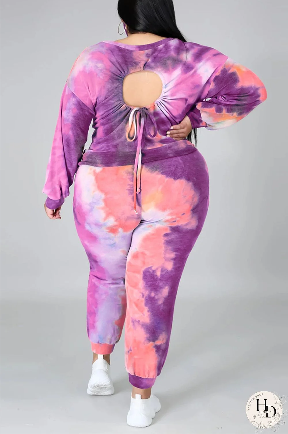 Dark Blue Fashion Casual Print Tie Dye Tie-dye Backless O Neck Plus Size Set