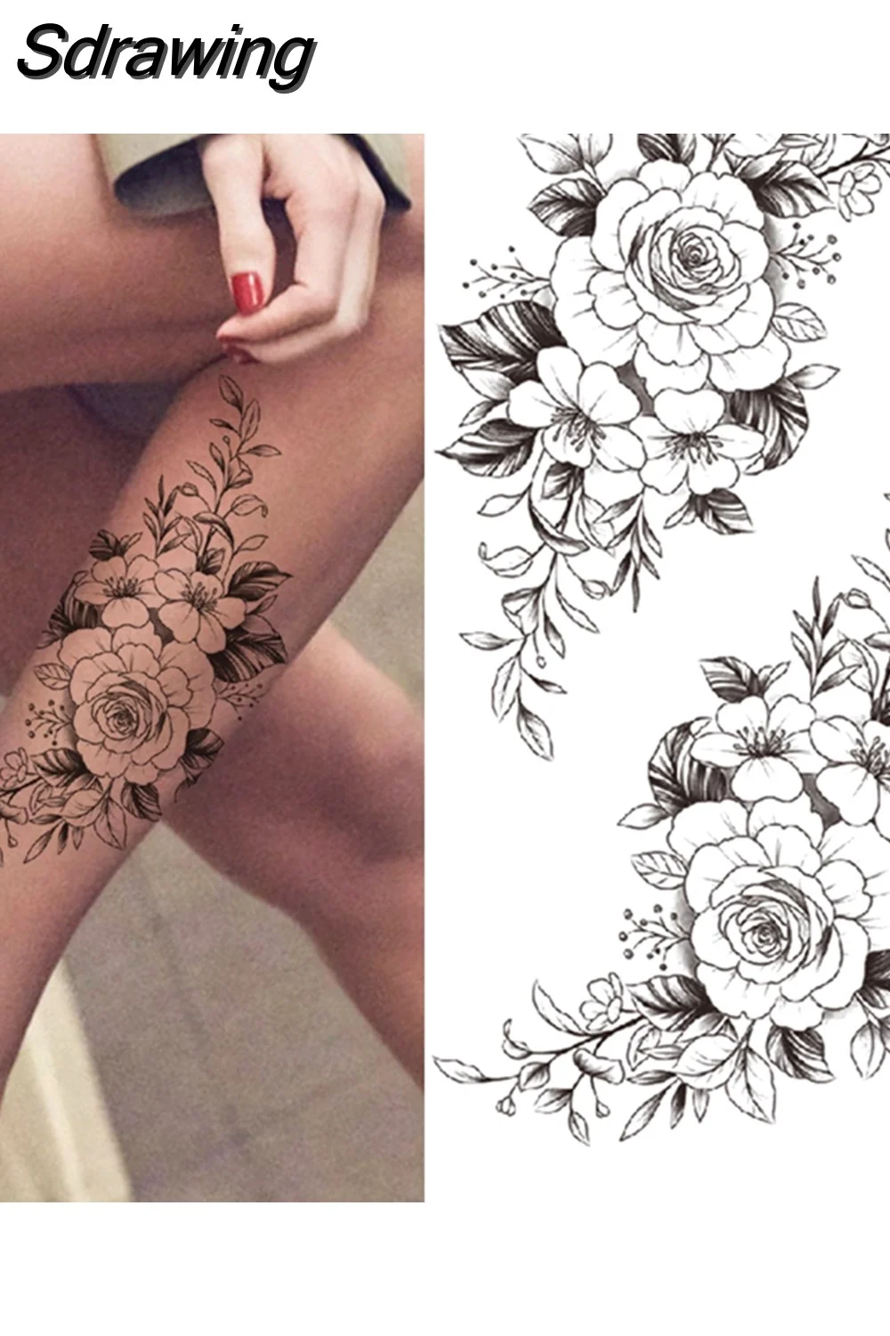 Sdrawing Fake Peony Temporary Tattoos For Women Girl Black Rose Elephant Flower Tattoo Sticker Tiger Anemone Tatoos Half Sleeve 521-1