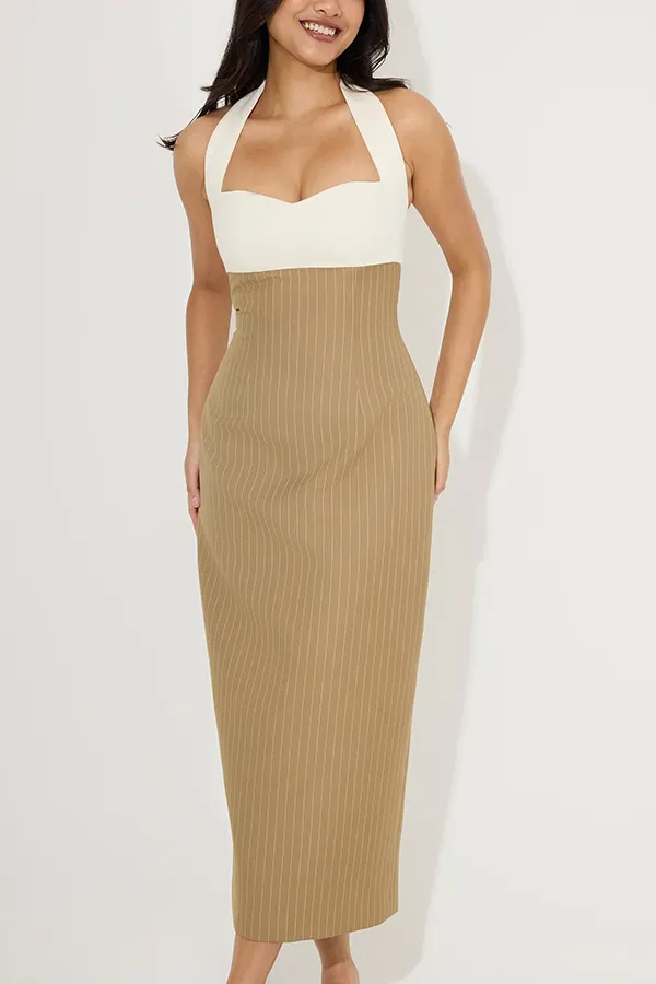 Urban Lady Mix Pinstripe Halter Sweetheart Neck Pencil Midi Dress