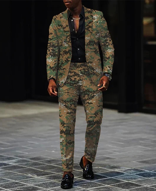 Okaywear Camouflage Pattern Lapel Collar Blazer & Pants 2Pcs Set 
