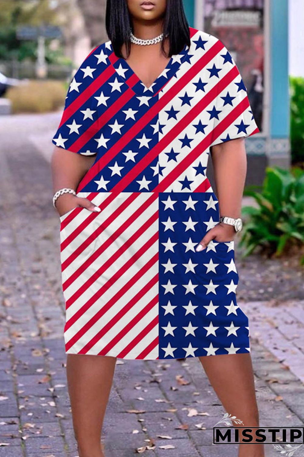 Dark Blue Red Casual Print Patchwork V Neck Short Sleeve Dress Plus Size Dresses