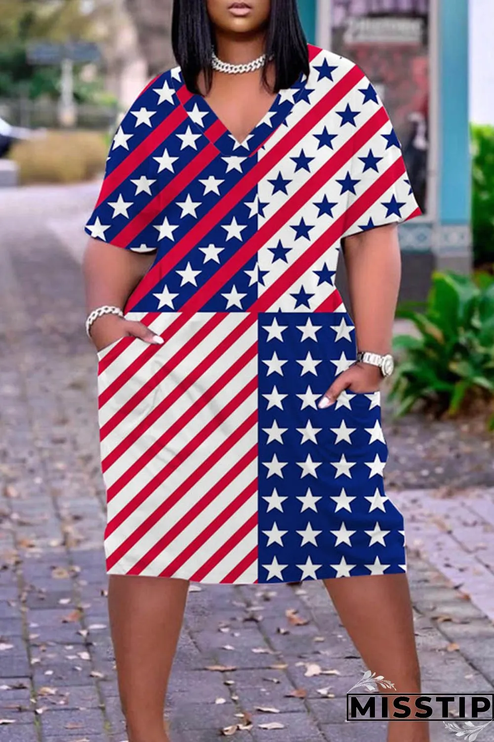 Dark Blue Red Casual Print Patchwork V Neck Short Sleeve Dress Plus Size Dresses