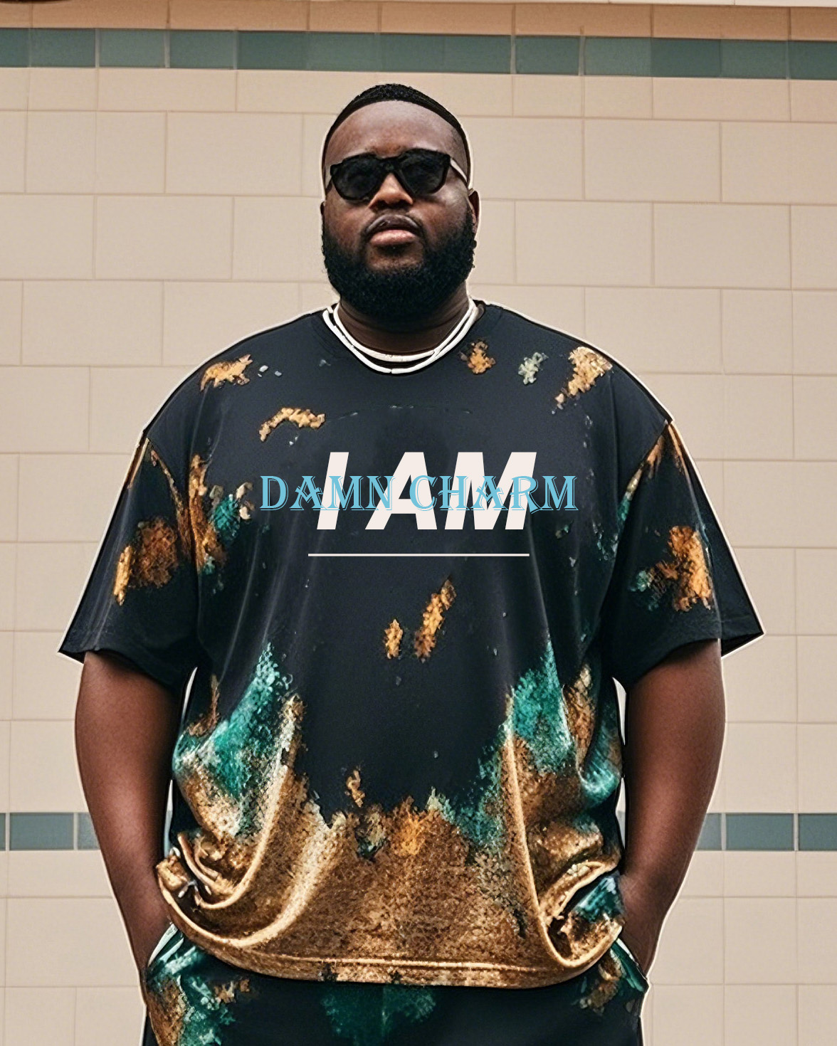 Plus Size Men Vintage Tie-dye I AM DAMN CHARM T-shirt Shorts Suit