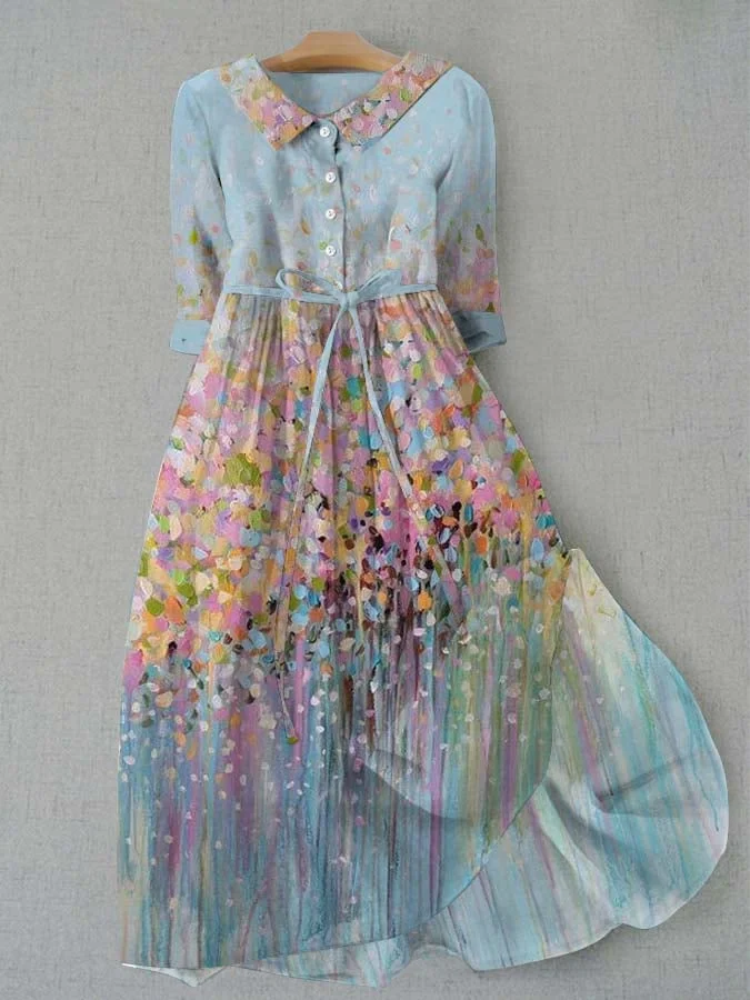Women's Vintage Botanical Floral Design Print Lace-Up Dress
