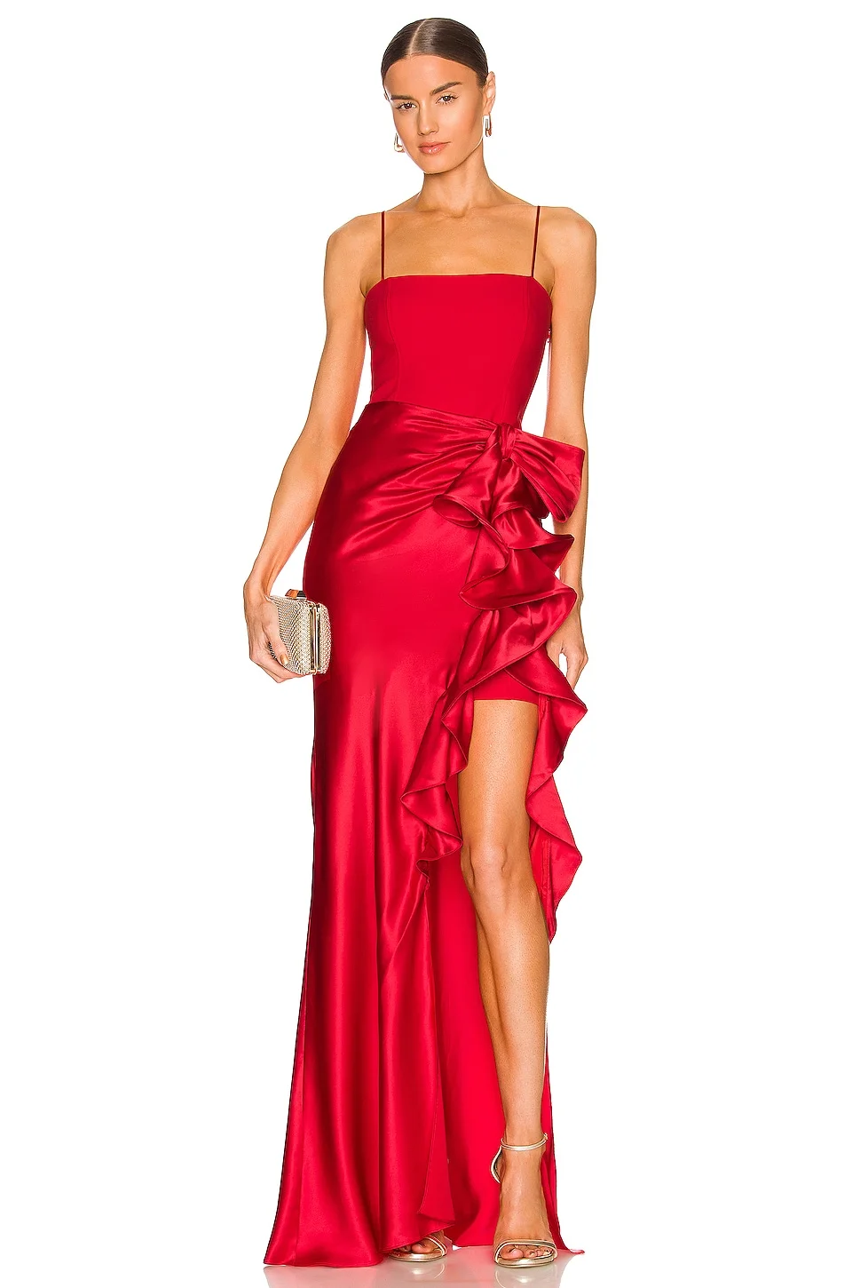 Miabel Luxury Spaghetti Straps Red Slit  Prom Dress With Chic Ruffles