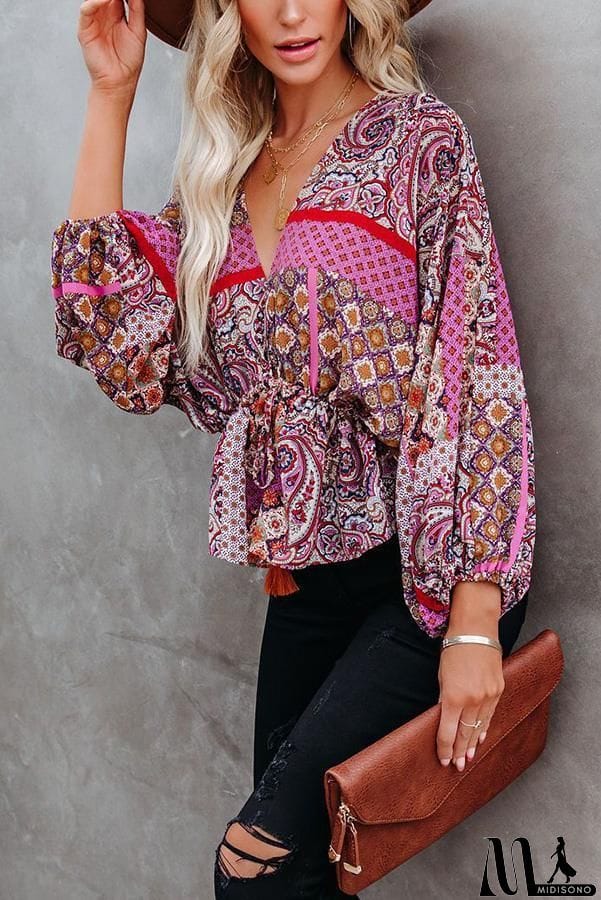 MidiSono - Patchwork Printed Drawstring Blouse