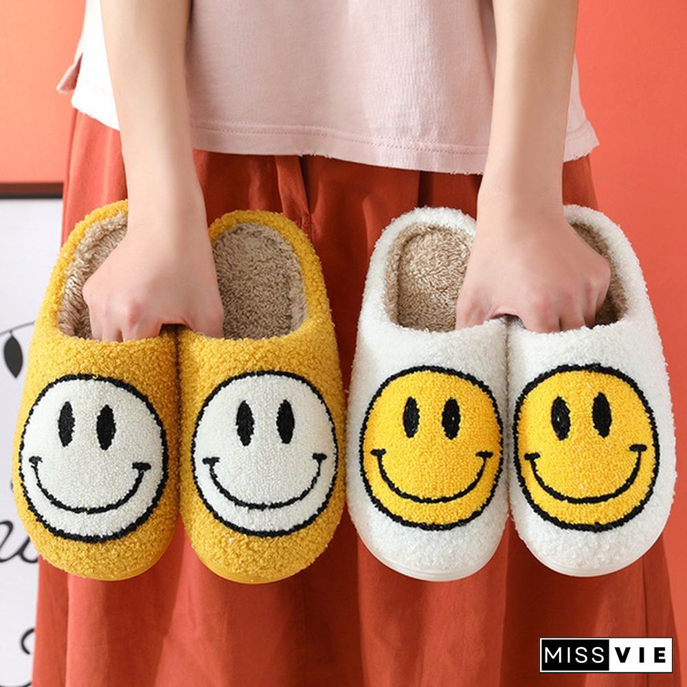 Winter House Girls Fur Slippers Cute Smiley Pattern Women Fluffy Warm Bedroom Ladies