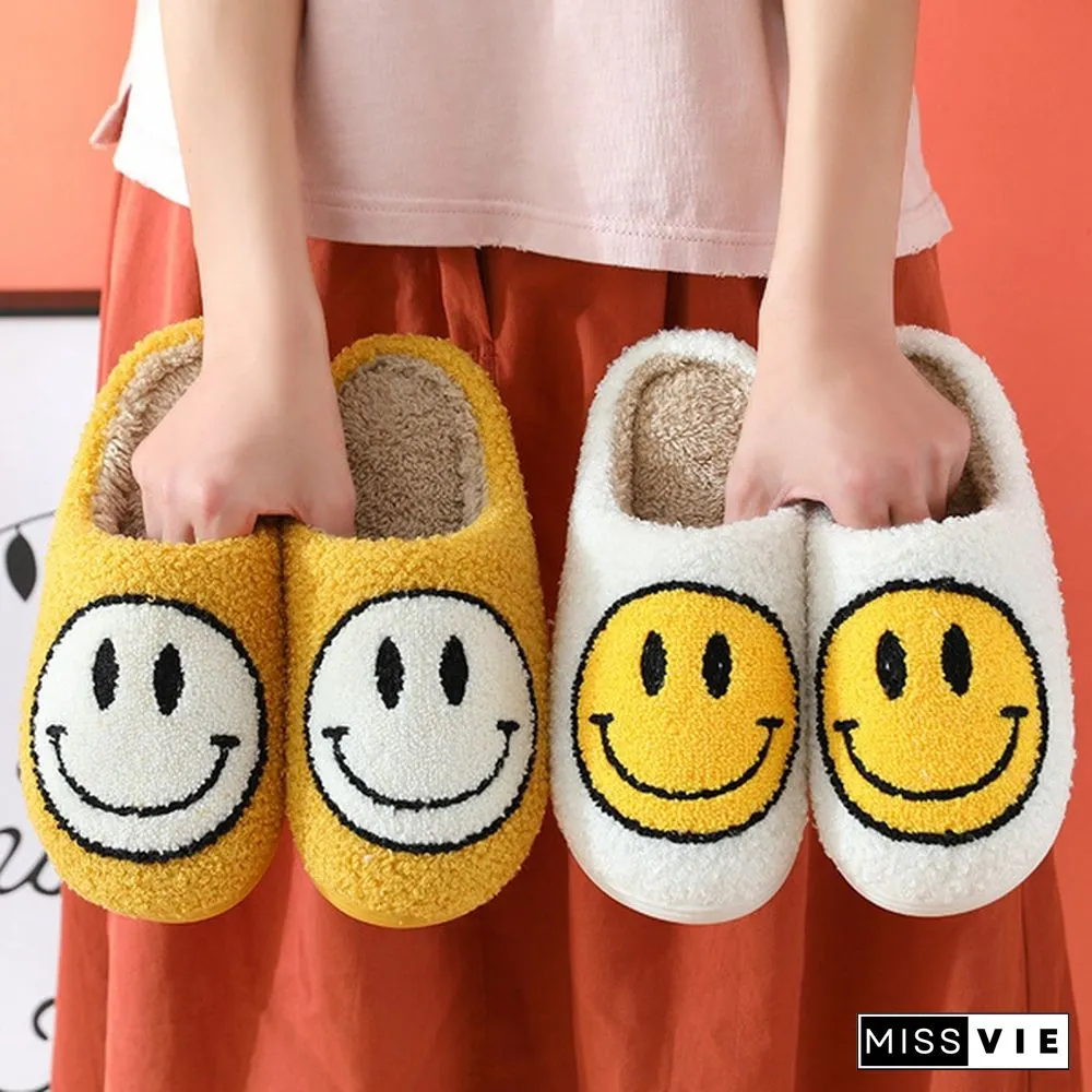 Winter House Girls Fur Slippers Cute Smiley Pattern Women Fluffy Warm Bedroom Ladies