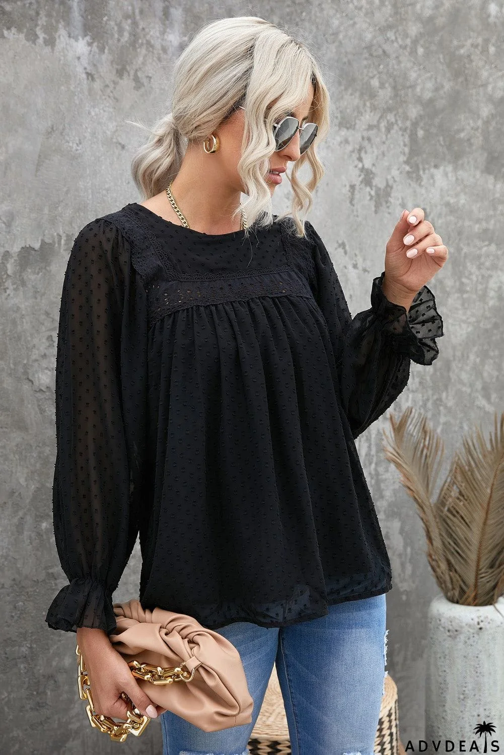 Swiss Dot Hollow Out Ruffle Sleeve Blouse