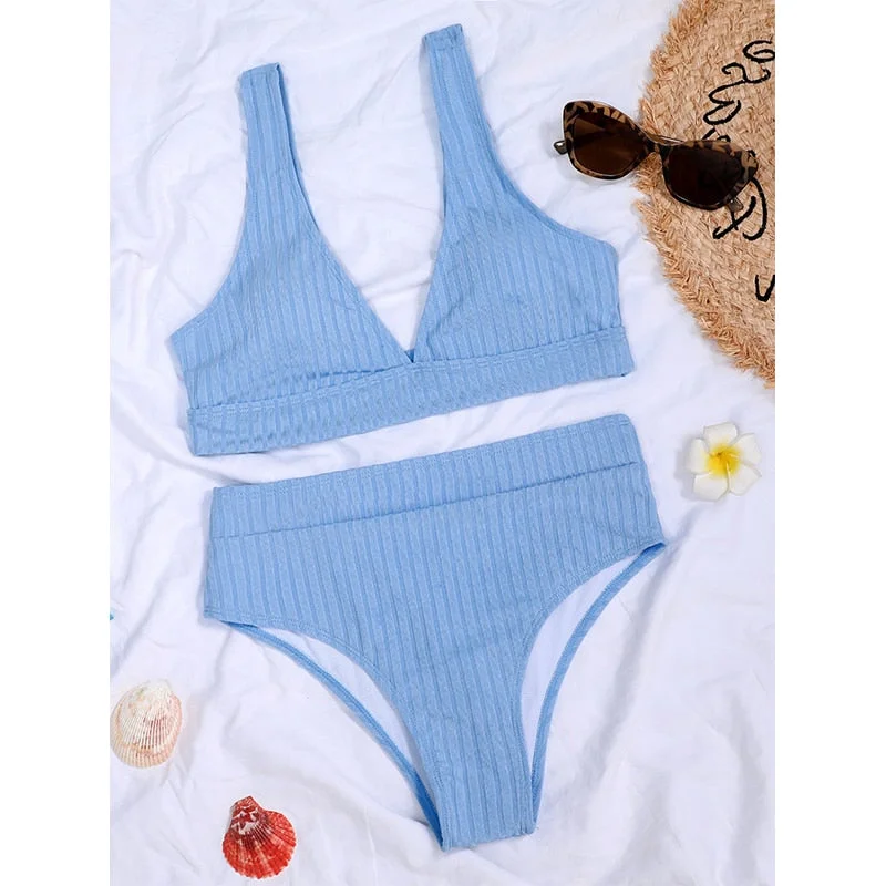 Peachtan Sexy solid ribbed bikinis 2021 mujer High waist swimsuit women V neck swimwear female Sport bathing suit Stripe biquini