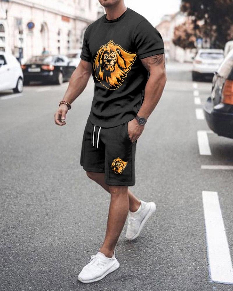 Men's Black-gold Lion Printed Shorts Suit