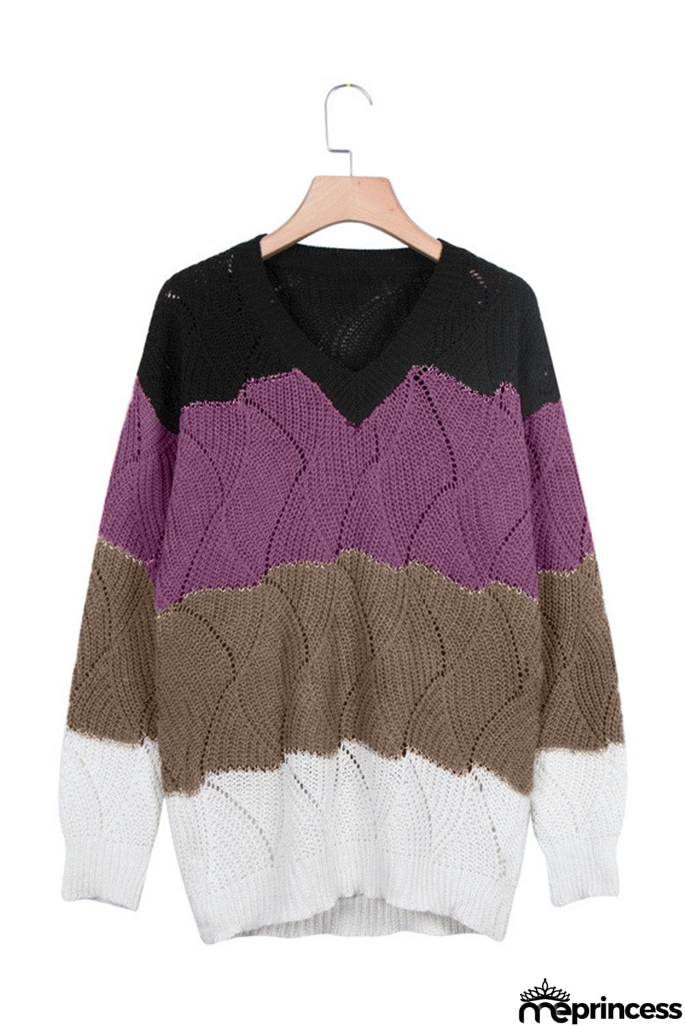 V Neck Colorblock Textured Knit Sweater