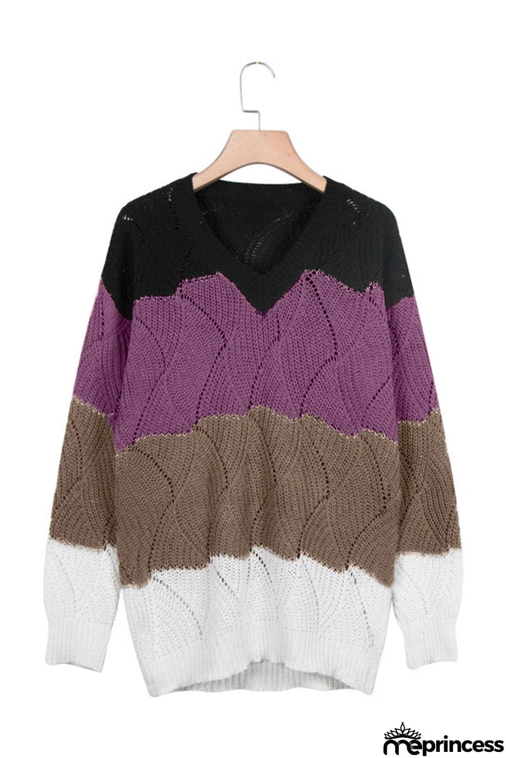 V Neck Colorblock Textured Knit Sweater