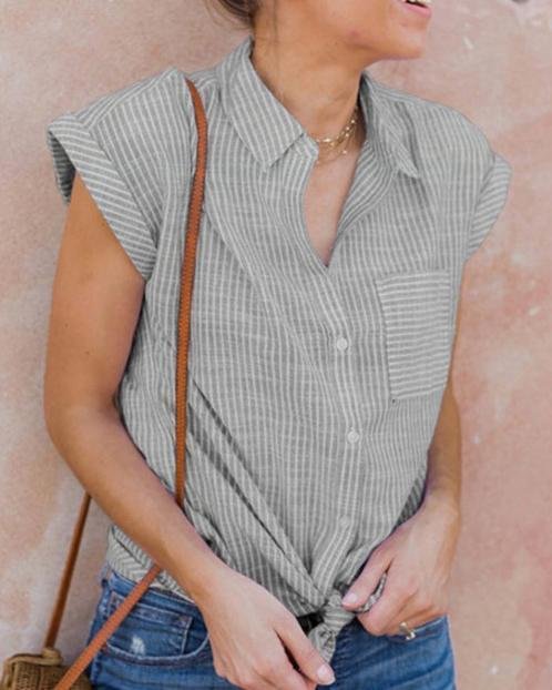 Stripe Women Summer Stand Collar Holiday Daily Blouse