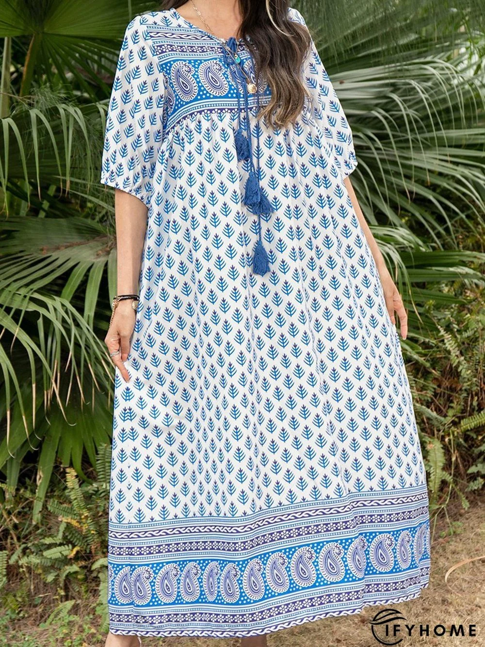 Blue Floral Casual V Neck Weaving Dress | IFYHOME