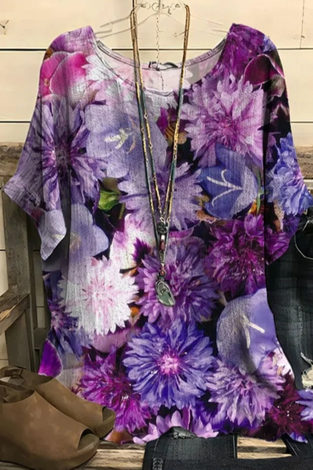 Flycurvy Plus Size Casual Purple Loose Floral Print Round Neck Linen Blouse 2024 - Flycurvy 