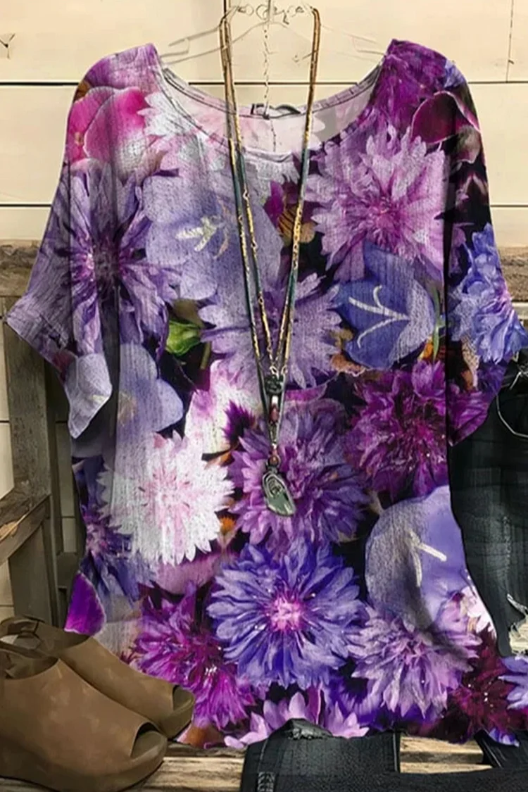 Flycurvy Plus Size Casual Purple Loose Floral Print Round Neck Linen Blouse  Flycurvy [product_label]