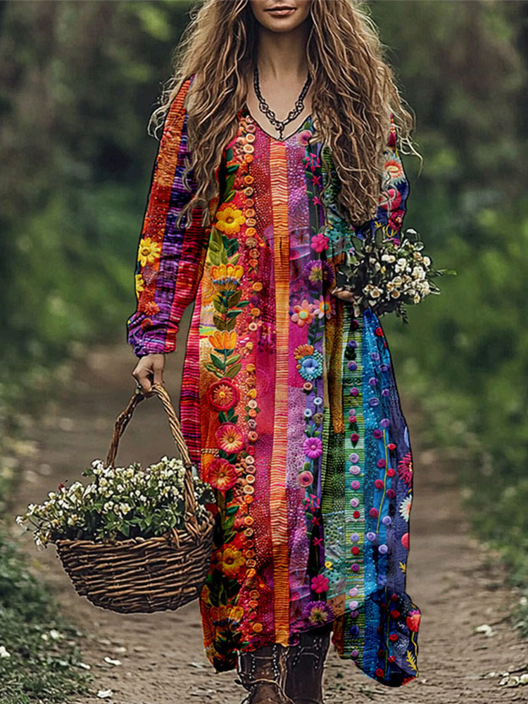 Colorful Floral Stripe Boho Collage Linen Blend Maxi Dress wearshes