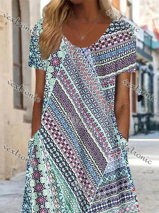 Women Short Sleeve Scoop Neck Floral Printed Stitching Maxi Dress