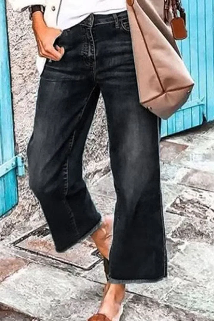 Tall Washed Raw Hem Mid Waist Wide Leg Jeans