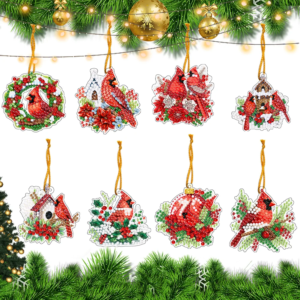 5D DIY 8Pcs Christmas Cardinals Diamond Painting Christmas Tree Pendant for Xmas Tree 