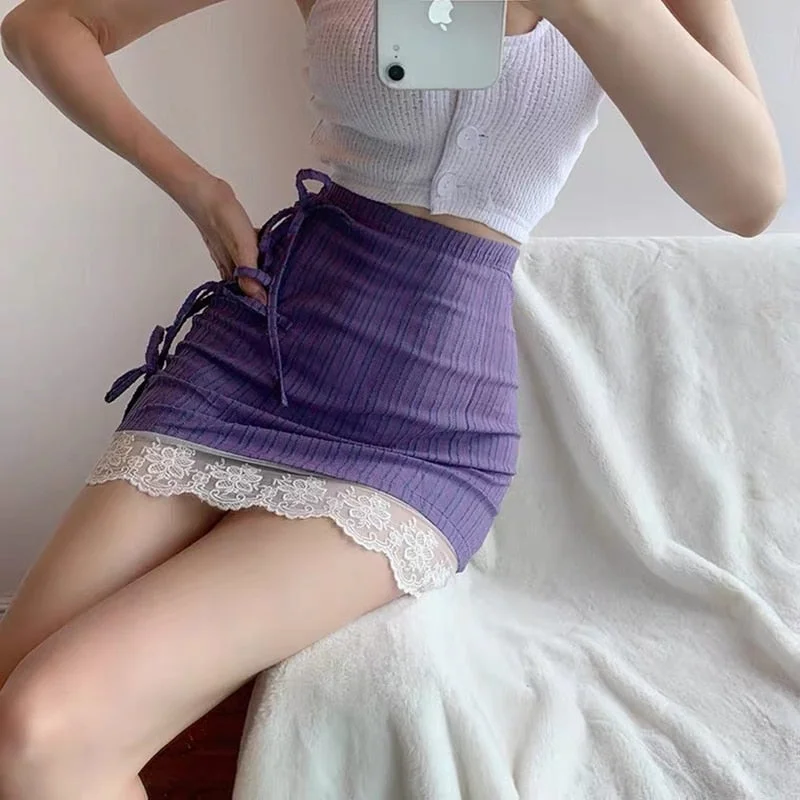 Summer French Retro High Waist Strappy Skirt Feminine Lace Stitching Bag Hip Mini Skirt Purple Slim Casual Skirt Isinbobo Y2k
