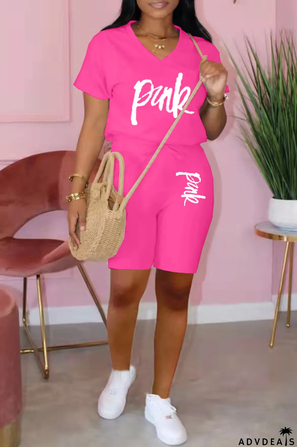 Apricot Fashion Casual Letter Print Basic V Neck Short Sleeve Two Pieces