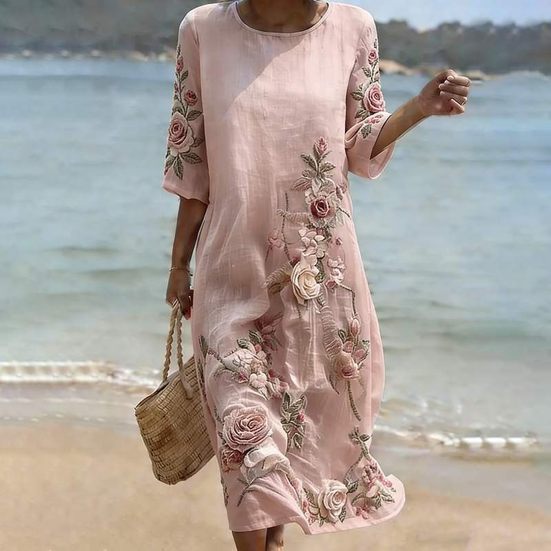 Comstylish Vintage Floral Art Pattern Linen Blend Loose Three-quarter Sleeve Dress
