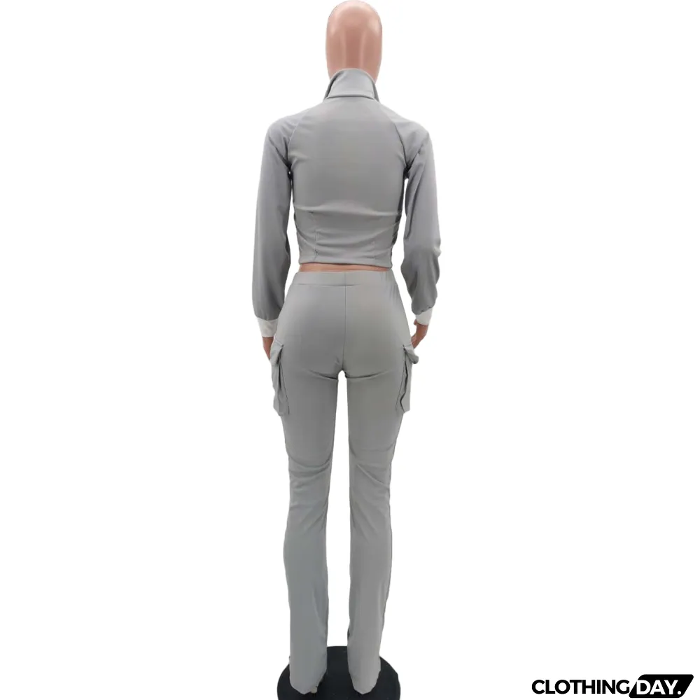 Autumn Blank Zip Crop Top and High Waist Pocket Trouser Set