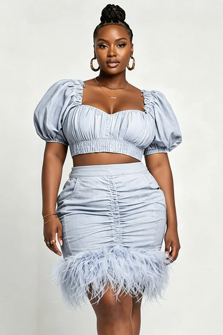 Xpluswear Design Plus Size Party Light Blue Square Neck Puff Sleeve Short Sleeve Bodycon Feather Tencel Denim Two Piece Skirt Sets 2024 - Xpluswear