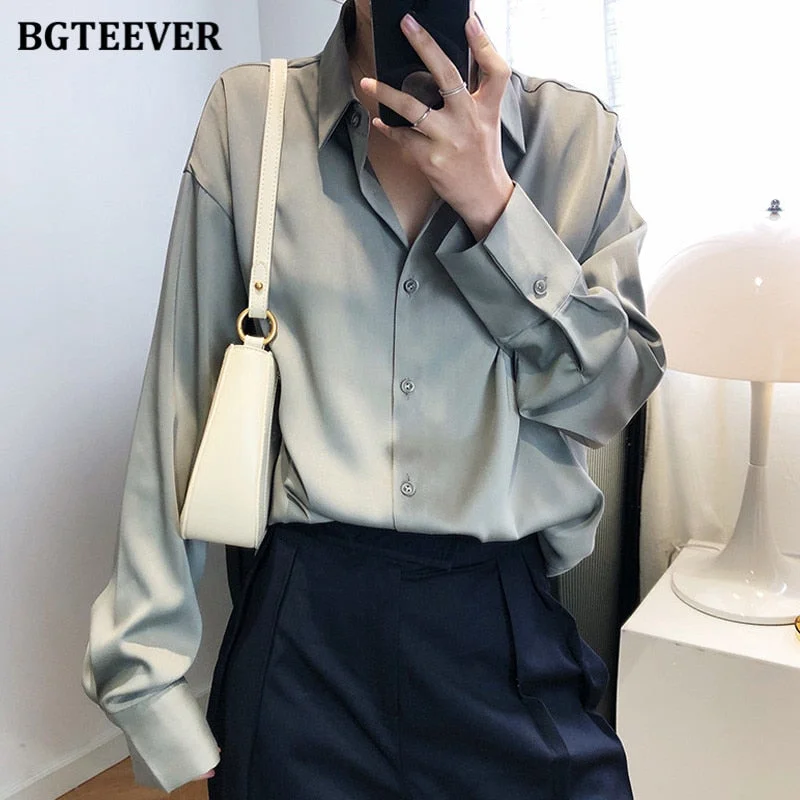 BBTEEVER New Chic Women Satin Shirts Long Sleeve Solid Turn Down Collar Elegant Office Ladies Workwear Blouses Female