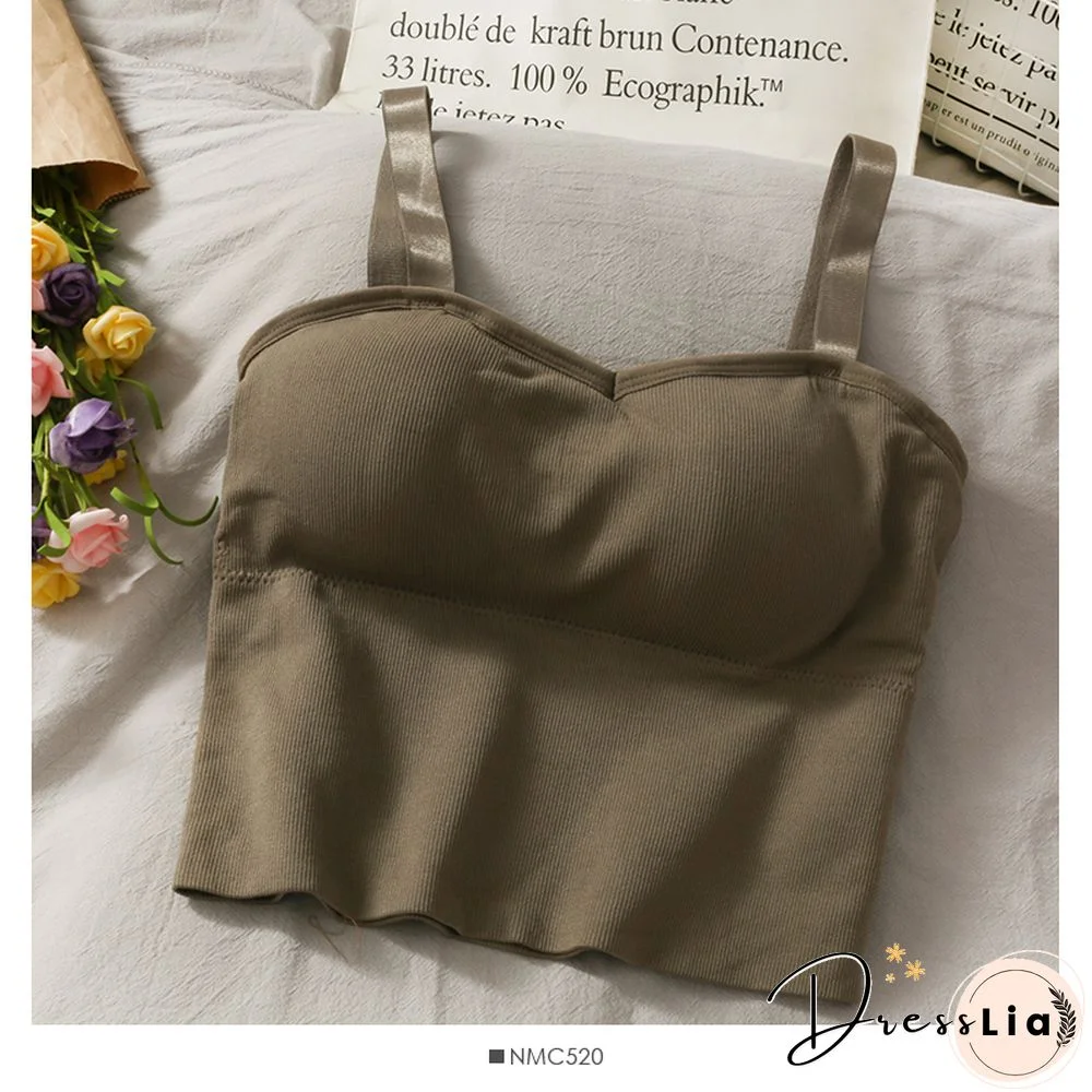Korean Crop Tops Slim Fit Spaghetti Strap Tanke Top Women Built In Bra Off Shoulder Versatile Striped Camisole Sleeveless Ins