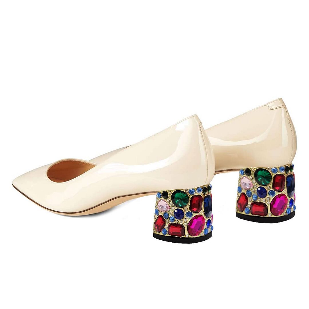 Stylish Patent Leather Square-Toe Decorative Block Heel Pumps in Nude